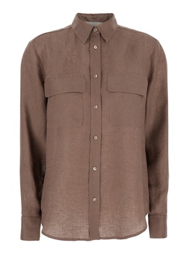 'Clio' Brown Shirt with Classic Collar in Linen Woman