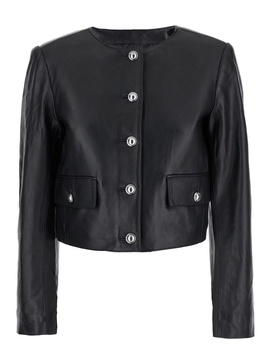 Black Cropped Jacket with Shoulder Pads in Leather Woman