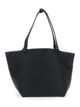 'Park Tote Three' Black Shopper with Flat Handles and Internal Clutch in Hammered Leather Woman