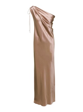 Beige Mono-Shoulder Long Dress in Satin Woman