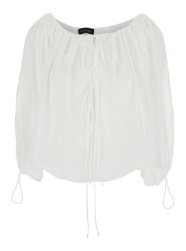 'Wilma' White Top with Long Balloon Sleeves in Cotton Woman
