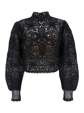 Black Crop Top with Floral Design in Viscose Blend Woman