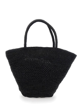 'Emilie' Black Tote Bag with Two Top Handles and Interwoven Design in Raphia Woman
