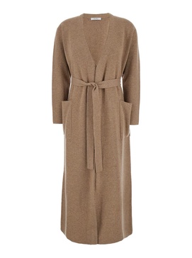 'Gestro' Beige Long Cardigan with Belt in Wool and Cashmere Woman