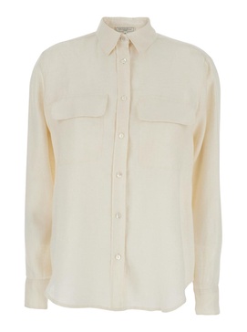 'Clio' Beige Shirt with Classic Collar in Linen Woman