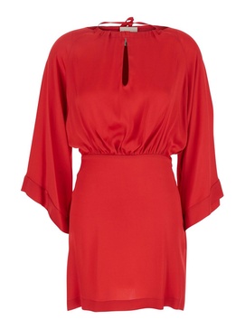Pink Dress with Teardrop Opening on the Front and Drawstring with Adjustable Lace in Satin Woman