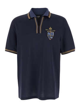 Blue Polo with All-Over Tone-on-Tone FF Motif and Fendi Club Patch on the Front in Tech Fabric Man