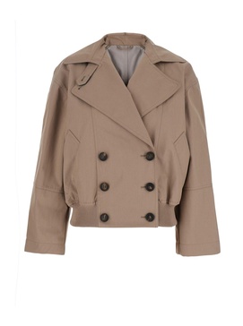 Brown Double-Breasted Crop Jacket with Windbreak Flap and Classic Wide Lapels in Cotton Blend Woman