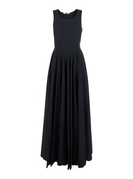 Black Long Sleeveless Dress with Draped Details in Cotton Woman
