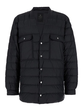 Black Down Jacket with Logo Patch on the Sleeve and Snap Buttons in Tech Fabric Man