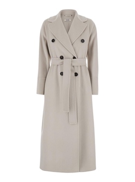 'Picasso' White Double-Breasted Coat with Wide Notched Revers and Belt in Wool Woman