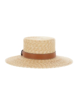 Beige Hat with Wide Brim and Double G Logo Plaque on the Side in Straw Woman