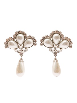 Silver-Colored Clip-On Crystal Earrings with Pendant Pearl in Hypoallergenic Brass Woman