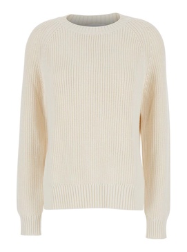 White Knit Crewneck Sweater In Cotton And Cashmere Blend Woman