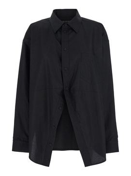 Black Shirt With Pointed Collar And Front Slit In Cotton Woman