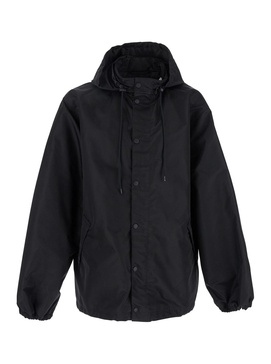 Balenciaga Black Jacket With Drawstring Hood And Maxi Logo Lettering Print On The Rear In Tech Fabric Man