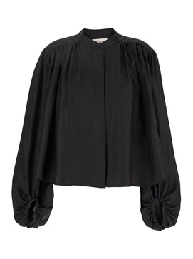 Black Top With Mandarin Collar And Front And Rear Gathers In Silk Woman