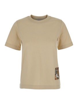 Beige T-Shirt with Logo Application on the Front in Cotton Woman