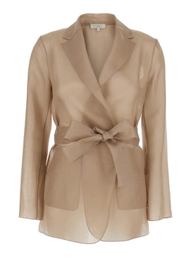 'james' Beige Jacket With Notched Revers And Adjustable Belt Closure In Silk Woman