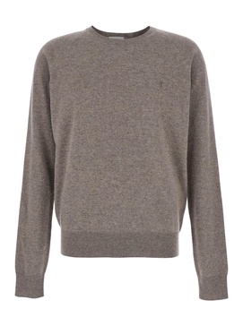 Saint Laurent Beige Crewneck Sweater With Cassandre In Cashmere Man