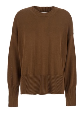 Brown Crewneck Sweater With Ribbed Trims In Cotton Woman