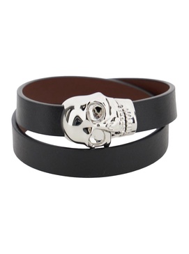 Black Bracelet with Skull Detail in Brass and Leather Man