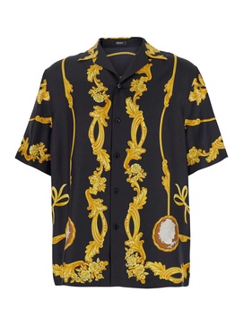 Black Shirt with Cuban Collar and All-Over Graphic Print in Silk Man