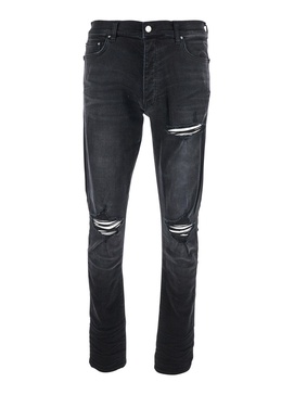 Amiri Black Jeans With Ripped Details On The Front And Logo Patch On The Rear In Denim Man