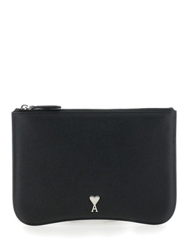 Ami Paris 'Paris Paris'black Pouch With Ami De Coeur Logo Detail On The Front In Grained Leather Man