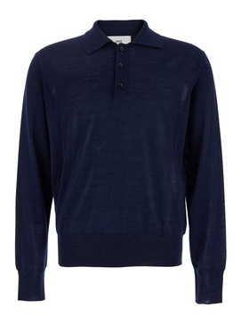 Ami Paris Blue Polo Shirt With Tone-On-Tone Embroidered Logo On The Front In Virgin Wool And Silk Blend Man