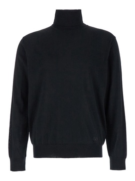 Valentino Garavani Black Turtleneck With Embroidered Vlogo In Wool Man