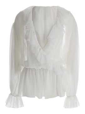 Dolce & Gabbana White Cropped Blouse With Ruffles Trim In Silk Woman