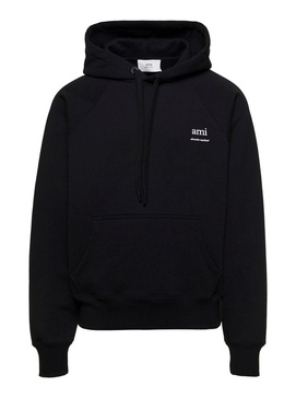 Ami Paris Black Hoodie With Drawstring Hood And Logo Detail On The Front In Cotton Man