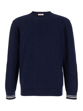Valentino Garavani Blue Crewneck Sweater In Jacquard Toile Iconographique Man