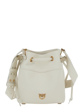 White Mini Bucket Bag With Metallic Love Birds Logo On The Front In Hammered Leather Woman