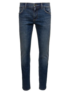 Blue Skinny Jeans With Logo Plaque At The Back In Stretch Cotton Denim Man