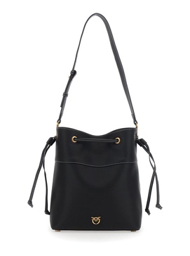 Black Bucket Bag With Metallic Love Birds Logo On The Front In Hammered Leather Woman