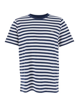 Blue T-Shirt With Striped Motif And Logo Embroidered On The Front In Cotton Man
