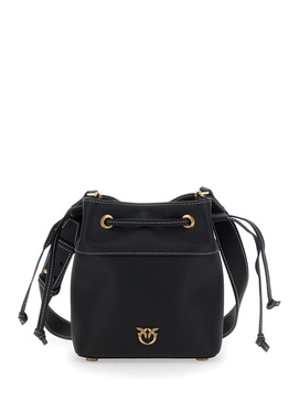 Black Mini Bucket Bag With Metallic Love Birds Logo On The Front In Hammered Leather Woman