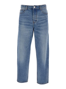 Blue Jeans With Tapered Leg And Logo Patch On The Rear In Denim Man