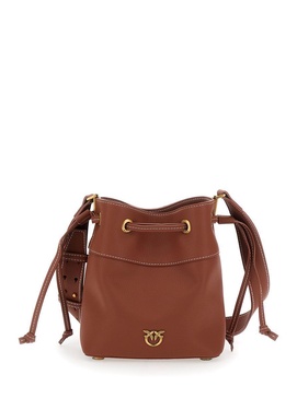 Brown Mini Bucket Bag With Metallic Love Birds Logo On The Front In Hammered Leather Woman