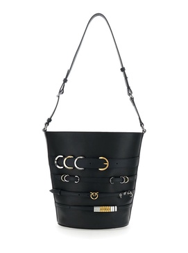Black Bucket Bag With Love Birsa Diamond Cut Plaque On The Front And Straps In Leather Woman