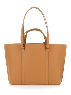 'Carrie' Brown Shopper With Double Set Of Handles And Logo Pendant In Hammered Leather Woman