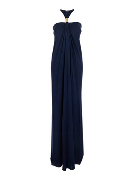 'Halterneck' Blue Long Dress With Neckline And Open Back In Viscose Jersey Woman