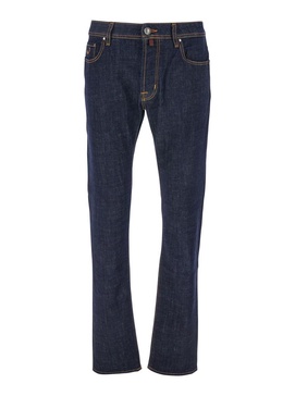 Dark Blue Jeans With Logo Patch On The Back In Stretch Cotton Man