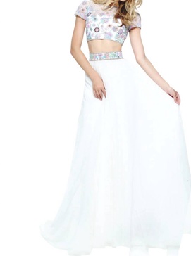 bohemian two-piece prom dress in ivory/multi