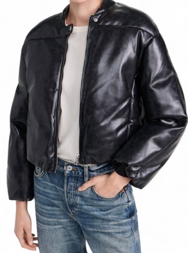 faux leather gigi padded cropped bomber jacket in black