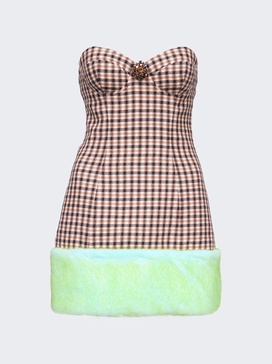 faux fur trim strapless mini dress