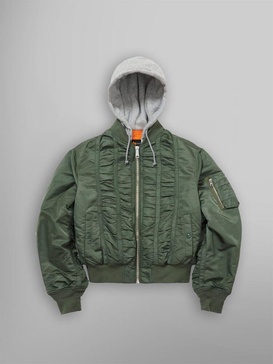 ALPHA X MADEME HOODED RUCHED MA-1 BOMBER JACKET