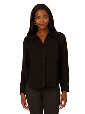 Adrianna Papell Women's Open V-Collar Ruffle Trim Knit Top with Long Puff Sleeves